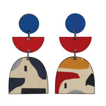 Wooden Abstract statement earrings with red and blue
