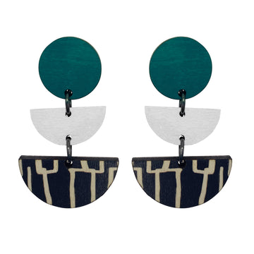 3 tiered wooden city earrings with teal and white