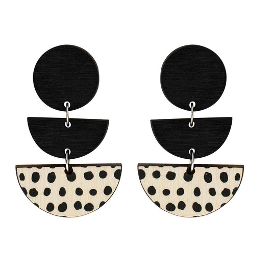 3 tiered wooden earrings with spots in black