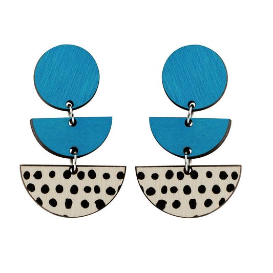 3 tiered wooden earrings with spots in blue