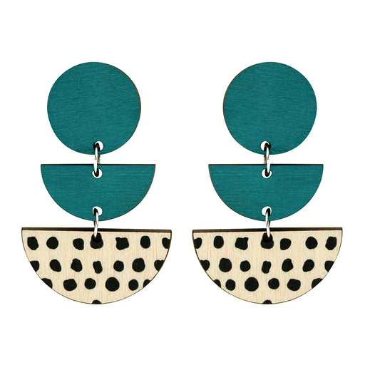 3 tiered wooden earrings with spots in green