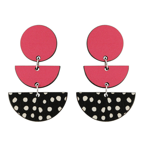 3 tiered wooden earrings with spots in pink