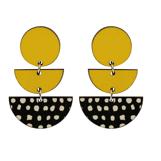 3 tiered wooden earrings with spots in yellow