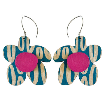 Blue Hoop pattern flower earrings