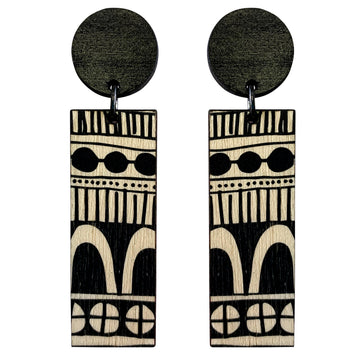 Black doodle statement line wood earrings