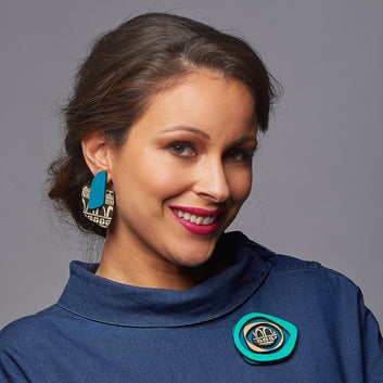 Teal and doodle pattern finger statement earrings