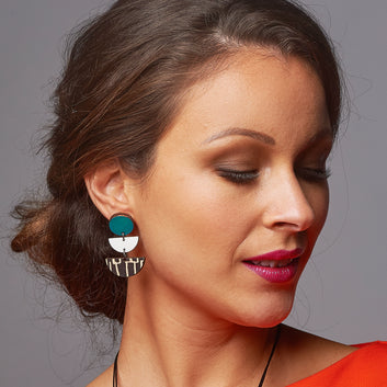 3 tiered wooden city earrings with teal and white