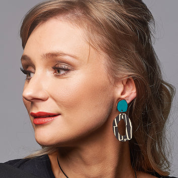 Teal city patterned wiggle earrings