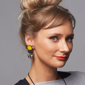 3 tiered wooden city earrings with yellow and black
