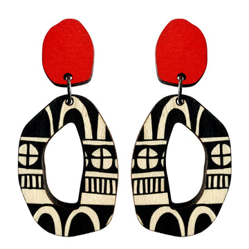 Wooden red doodle pattern statement earrings