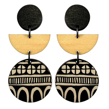 3 tiered doodle statement earrings in black and wood