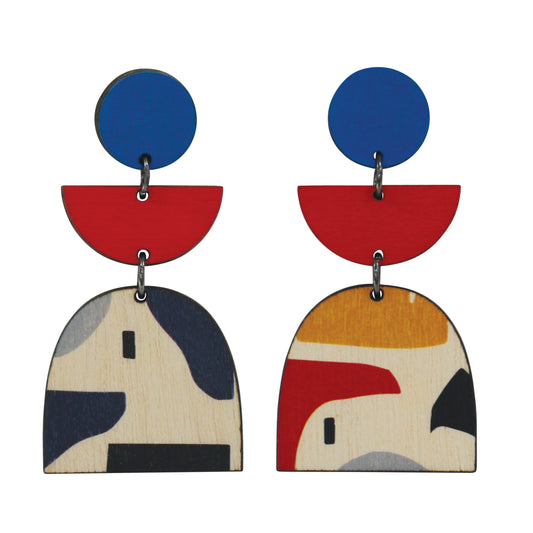 Wooden Abstract statement earrings with red and blue