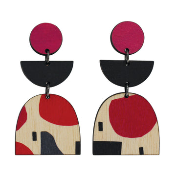 3 tiered wooden Abstract statement earrings with red and black