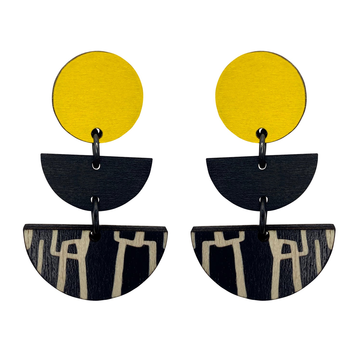 3 tiered wooden city earrings with yellow and black