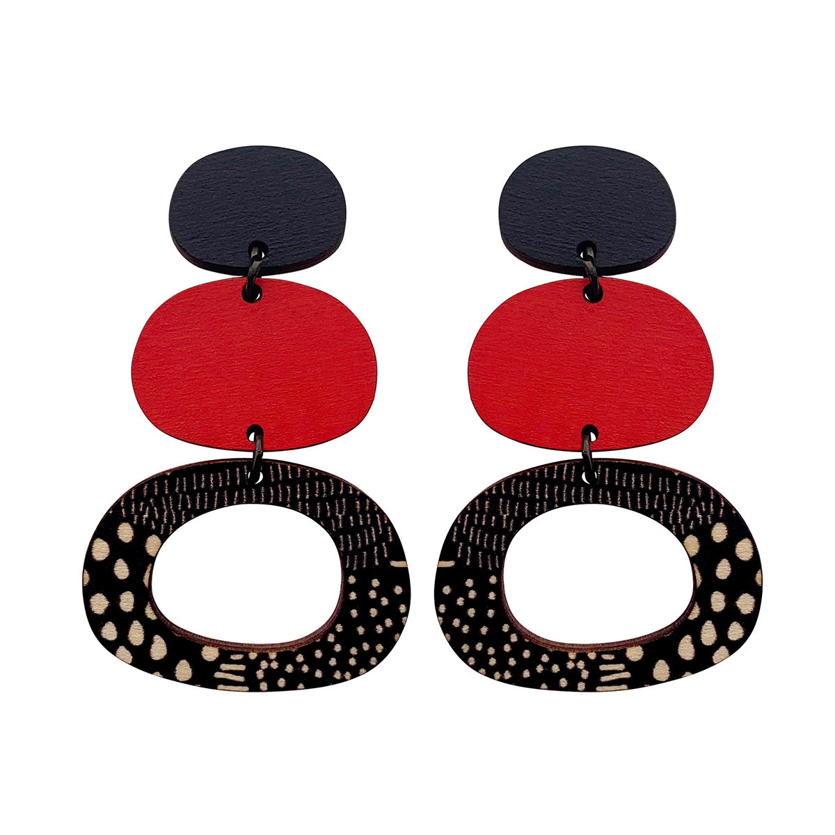 Large 3 tier Earrings in red and Night Garden pattern