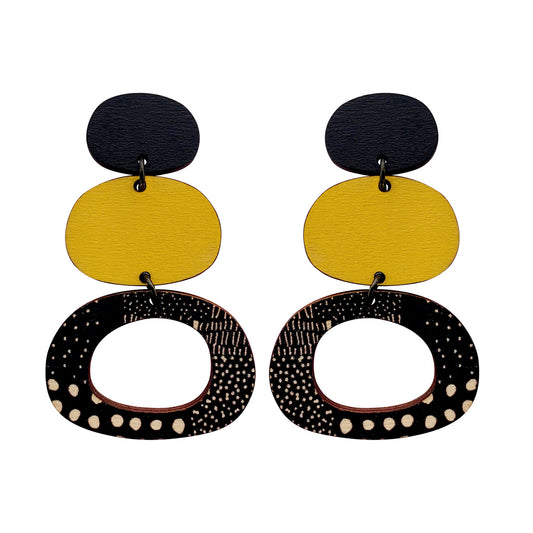 Large 3 tier Earrings in yellow and Night Garden pattern