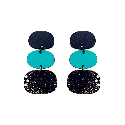 3 tier Earrings in aqua and Night Garden pattern