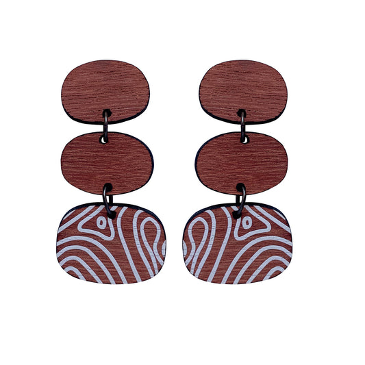 Small 3 tier Earrings with thin Topographic Map pattern