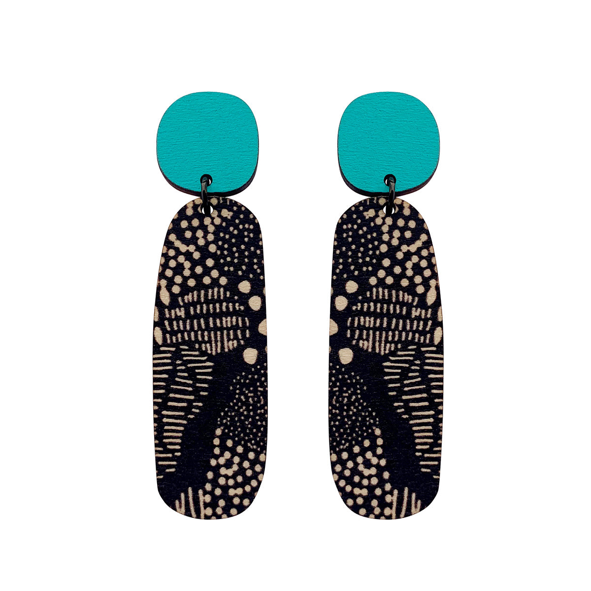 Line Earrings in aqua and Night Garden pattern