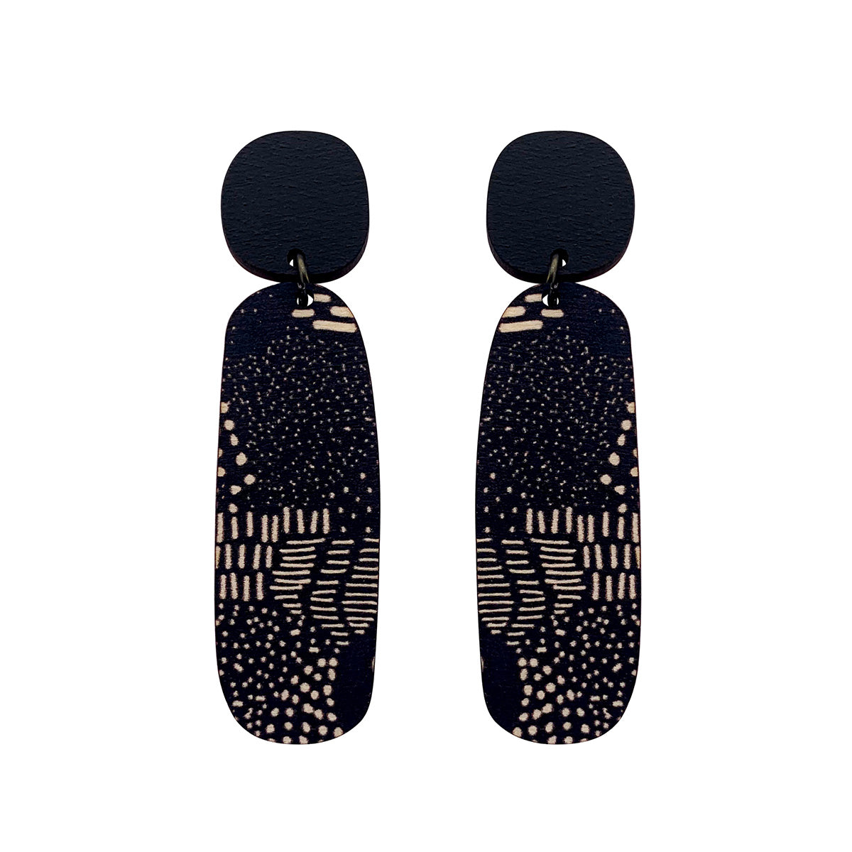 Line Earrings in black and Night Garden pattern