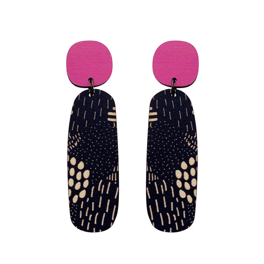 Line Earrings in pink and Night Garden pattern