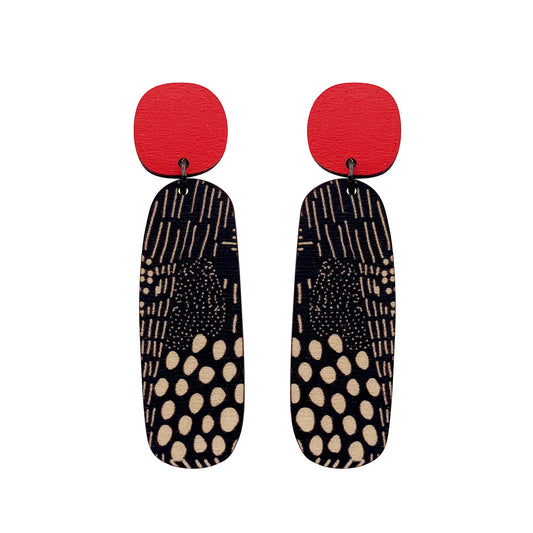 Line Earrings in red and Night Garden pattern
