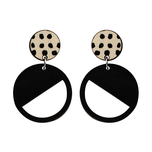 2 tiered wood earrings  with spots in black