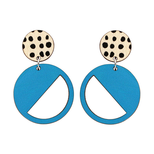 2 tiered wood earrings with spots in blue