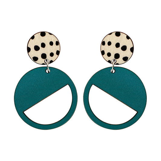2 tiered wood earrings with spots in green
