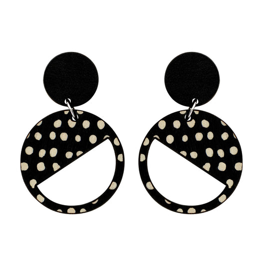 2 tiered wood earrings with black and spots