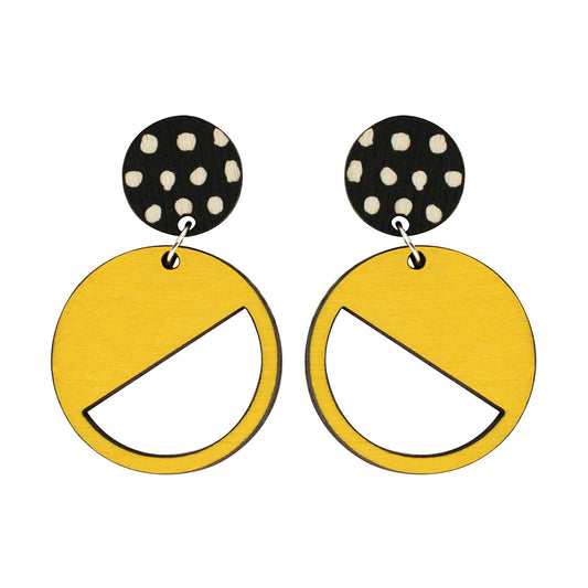 2 tiered wood earrings with spots in yellow