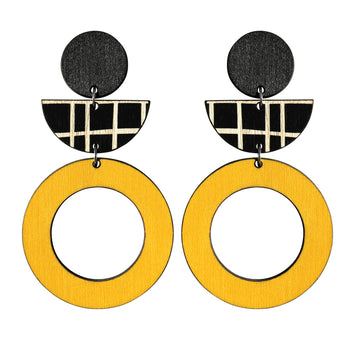 Yellow hoop and black lines statement earrings