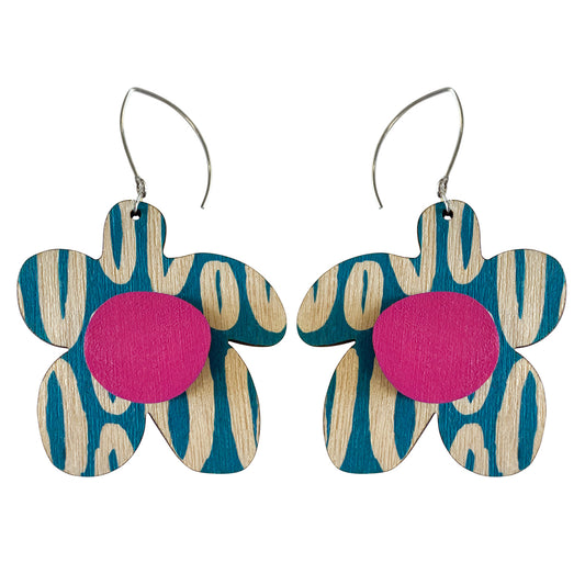 Blue Hoop pattern flower earrings