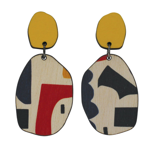 2 tiered yellow abstract wooden statement earrings