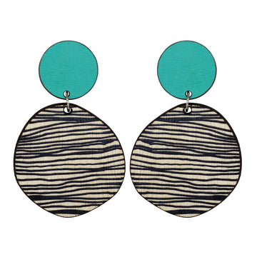 Retro wooden earrings in aqua with thin lines
