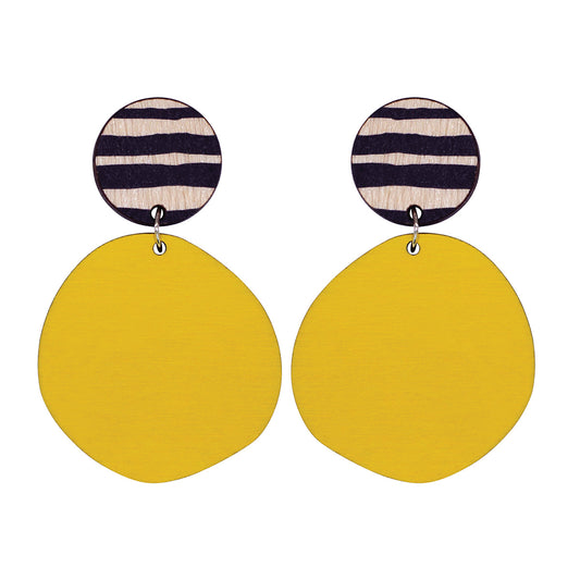 Retro wooden statement earrings in yellow with thick lines