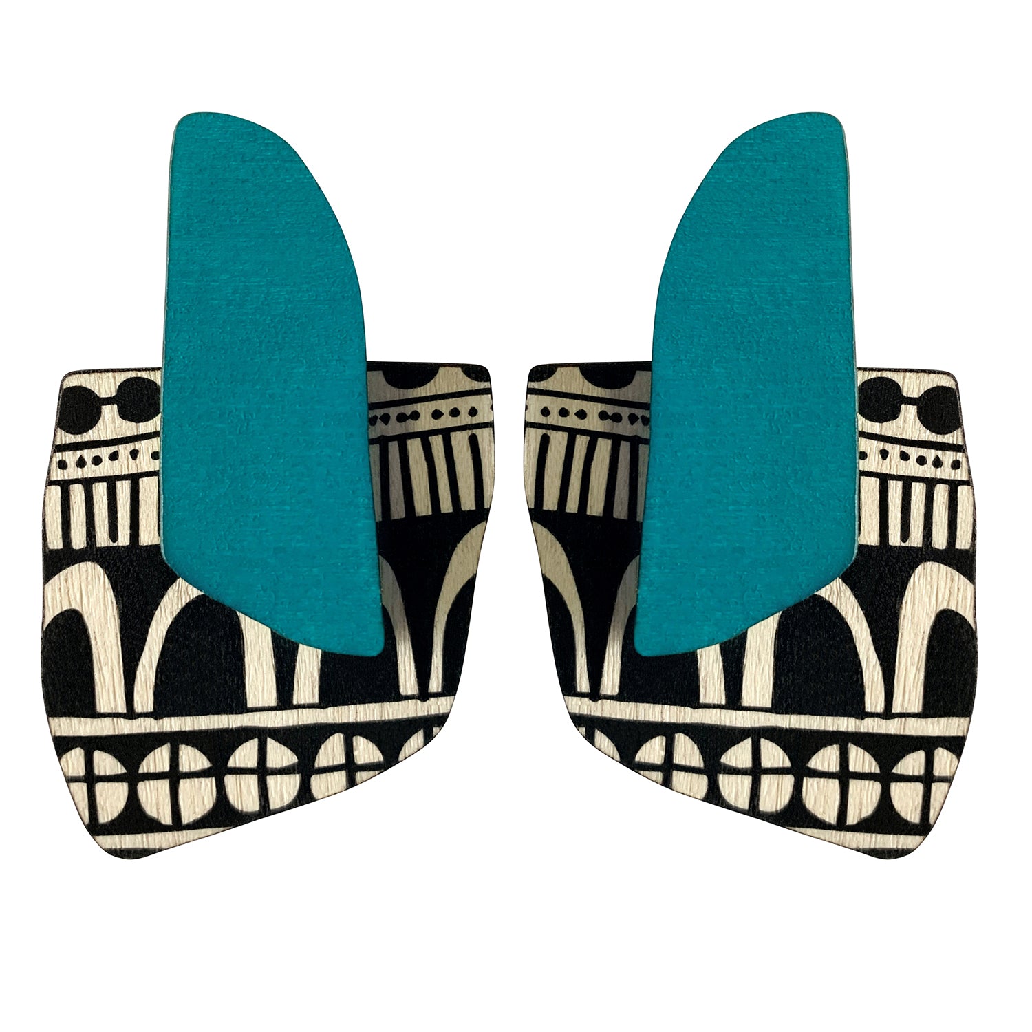 Teal and doodle pattern finger statement earrings