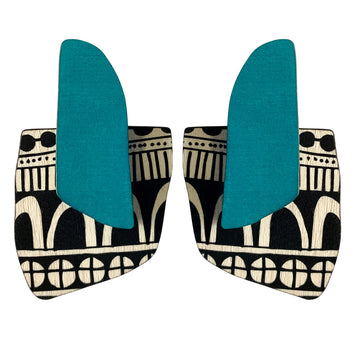 Teal and doodle pattern finger statement earrings