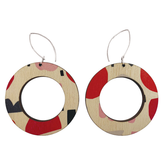 Abstract pattern in pink and red hoop wood earrings