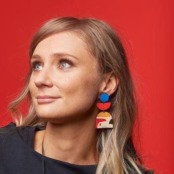 Wooden Abstract statement earrings with red and blue