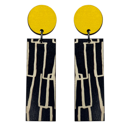 Yellow City pattern line wood earrings