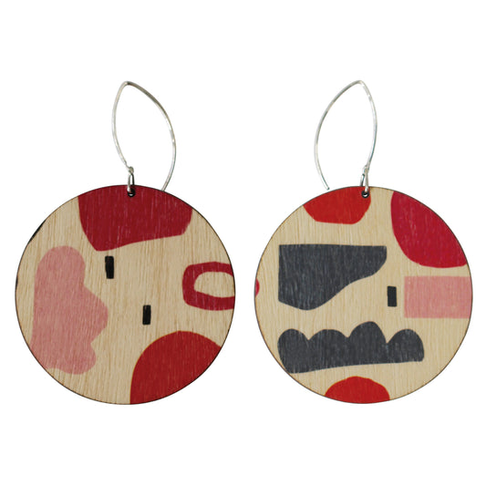 Abstract pattern in red and pink circle wood earrings