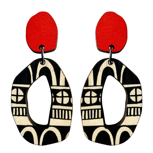Wooden red doodle pattern statement earrings