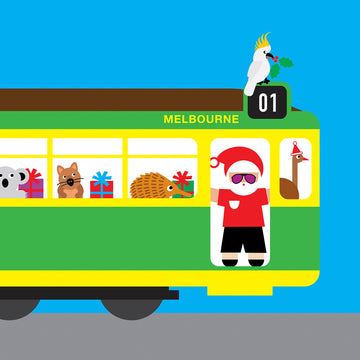 Melbourne tram with Australian animals Christmas card